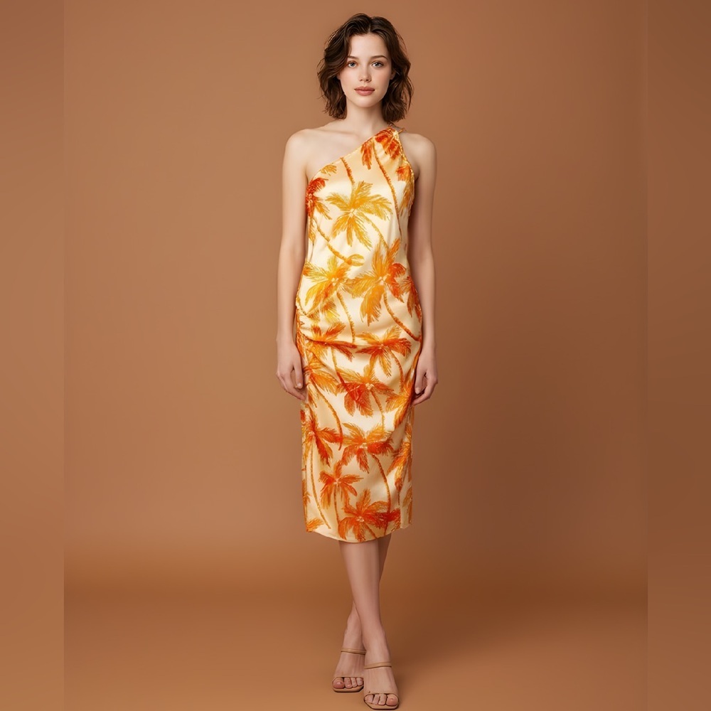 Future Collective NWOT SZ S orange satin slip dress, one shoulder, bust 34”